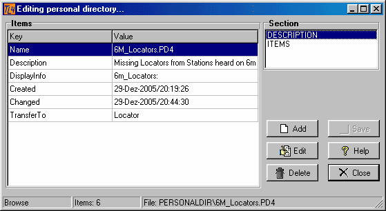 Figure 77:  Edit and control frame for a selected Personal Directory 