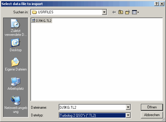 Figure 28:  File select box for the import of TL2 logbook files