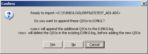 Figure 41:  ADIF import dialogue for appending or overwriting data