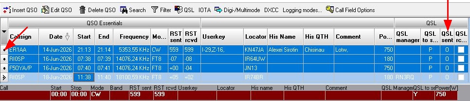 Figure 426: Example of PayPal requested QSL records: Flag O in &nbsp;QSL sent column