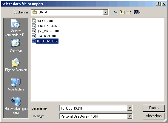 Figure 55:  Standard WINDOWS file dialogue box, setup for importing Personal Directories