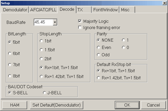 Figure 288:  MMTTY Options Decode Tab Sheet