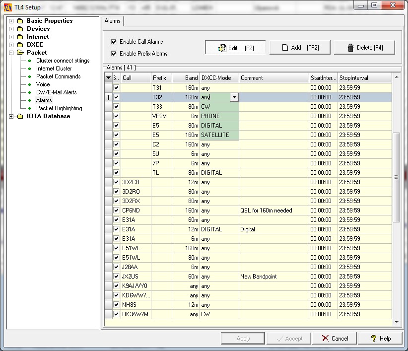 Figure 139:  Setup for Call and Prefix Alarms; e.g. editing the DXCC-Mode