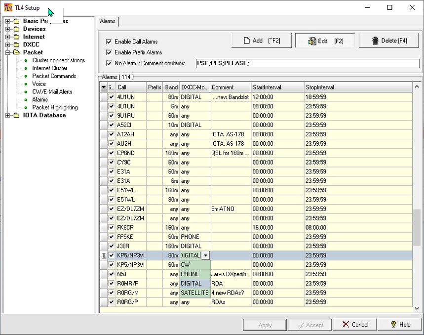 Figure 141: &nbsp;Setup for Call and Prefix Alarms; e.g. editing the DXCC-Mode
