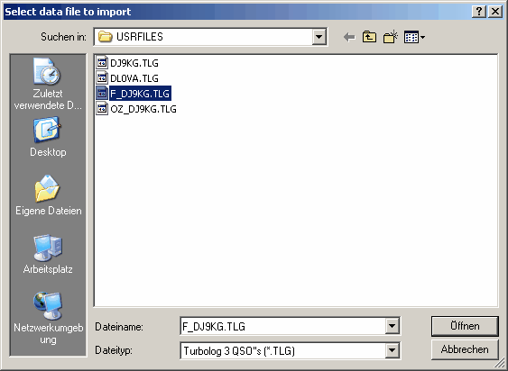 Figure 34:  File select box for the import of TL3 logbook files