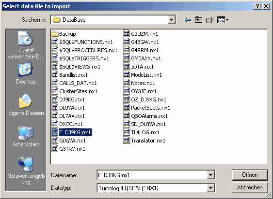 Figure 50:  File select box for the import of TL4 logbook files